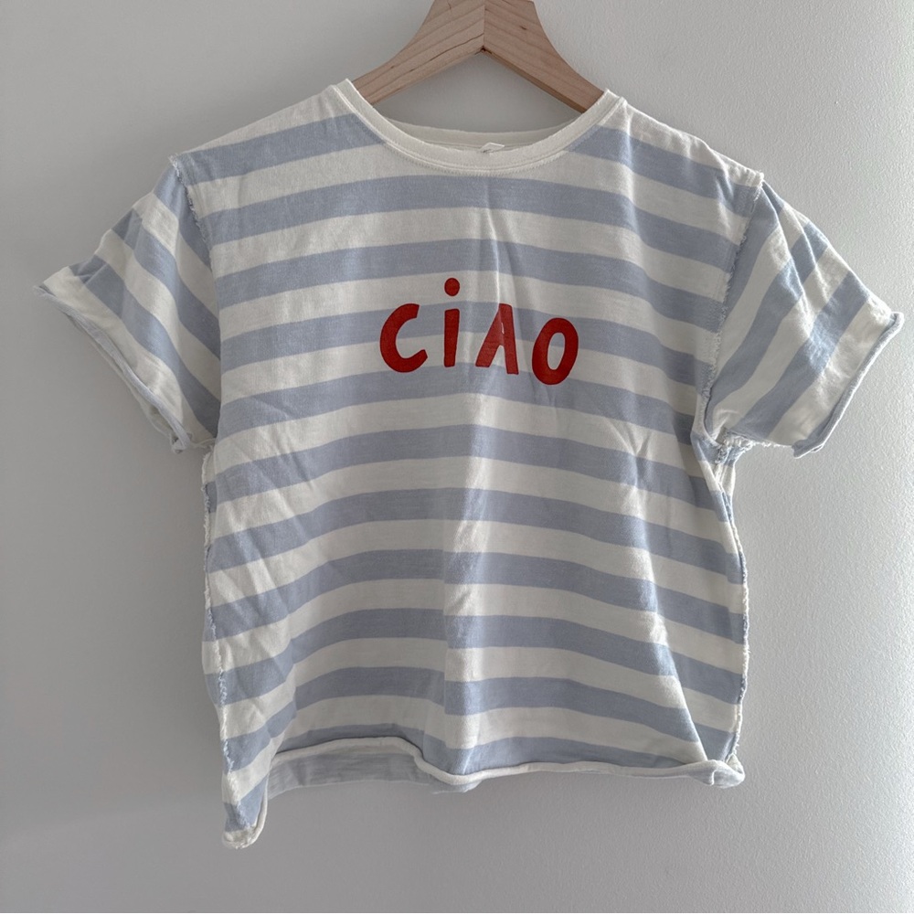 Striped 'ciao' Graphic Tee - Light Blue & White with Red Text